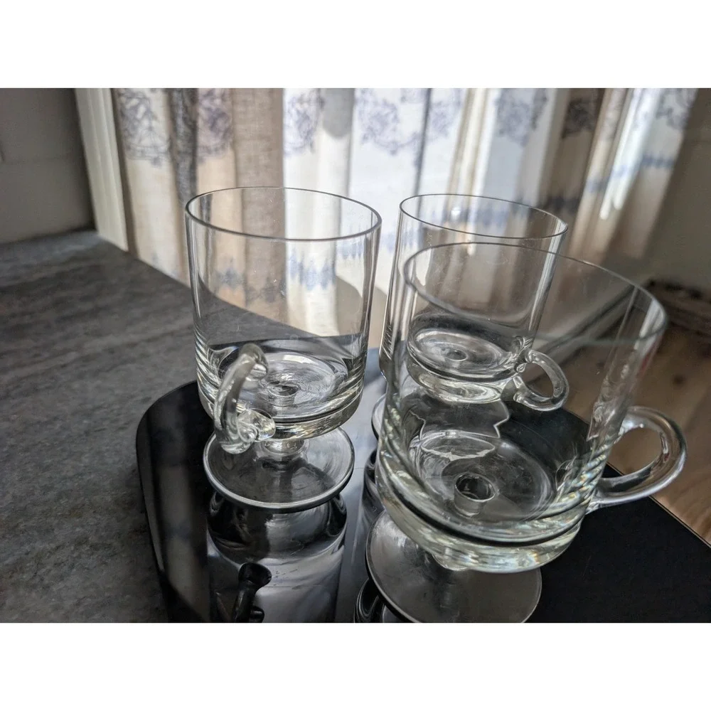 Vintage Clear Glass Footed Pedestal Coffee Mugs Cups Set of 3 Loop Handles 5